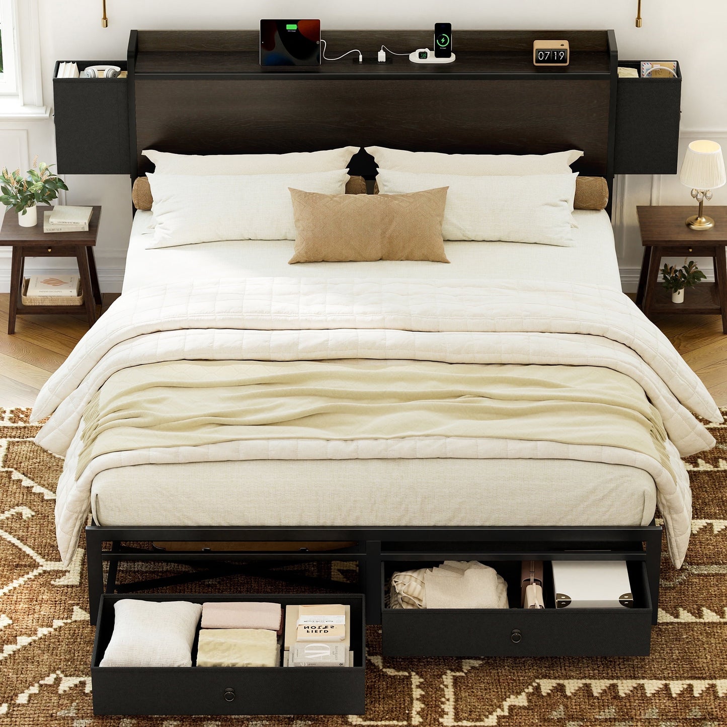 King Size Bed Frame with Storage Headboard Platform Bed Frame with 2 Drawers Metal Bed with Charging Station, Dark Brown