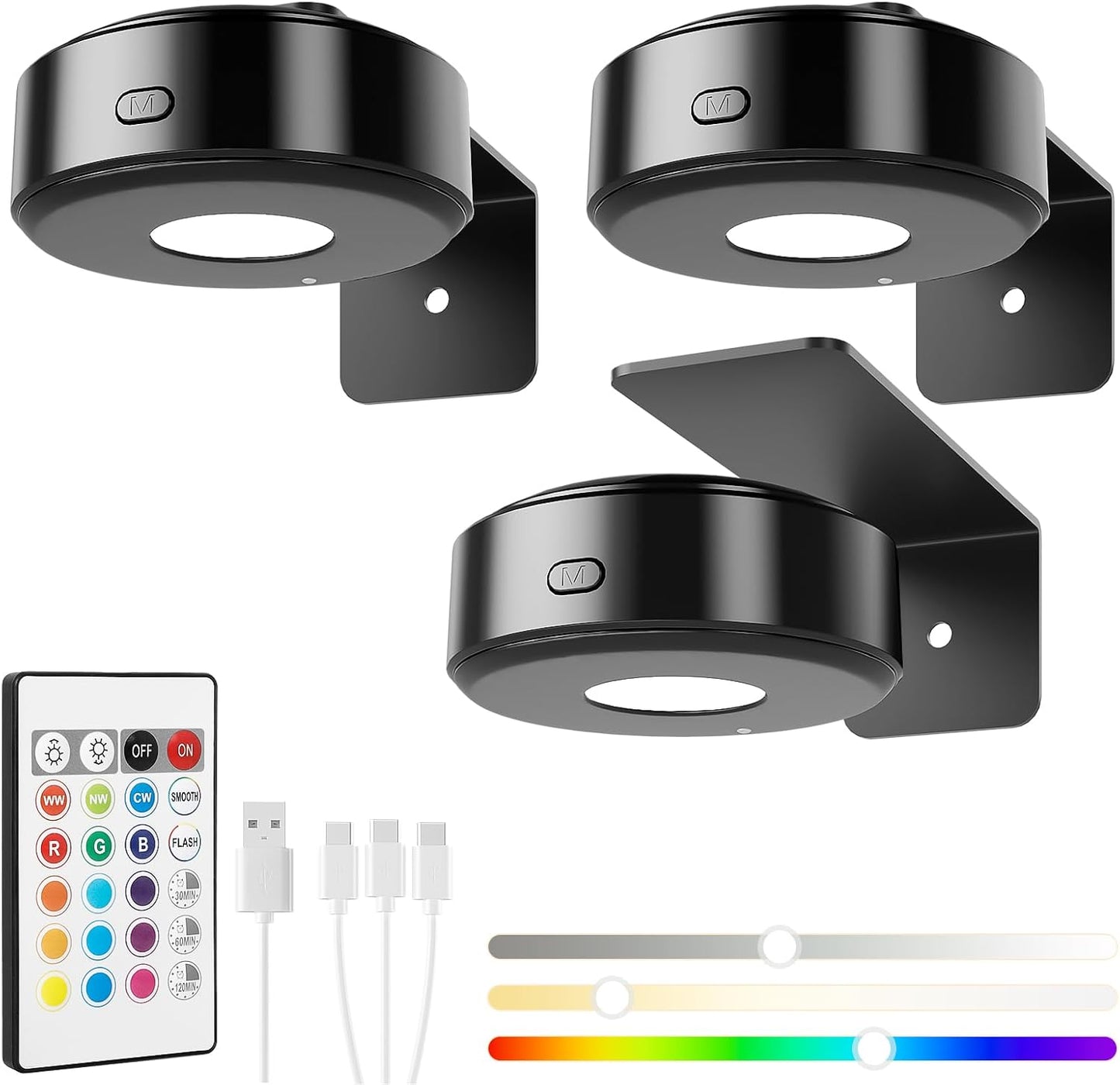 3PCS Picture Lights with Remote, Wireless Rechargeable Battery Wall Light for Paintings, 3 Colors Paintings Light Dimmable and Timer Metal Art Light for Display, Wall, Artwork, Gallery (Gold)