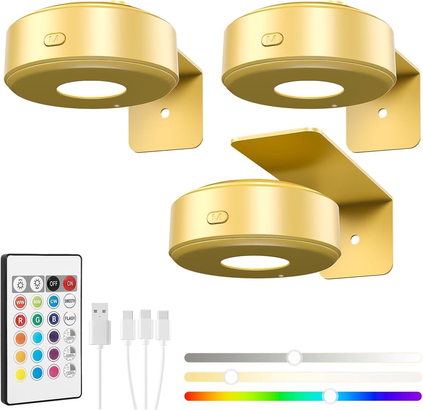 3PCS Picture Lights with Remote, Wireless Rechargeable Battery Wall Light for Paintings, 3 Colors Paintings Light Dimmable and Timer Metal Art Light for Display, Wall, Artwork, Gallery (Gold)