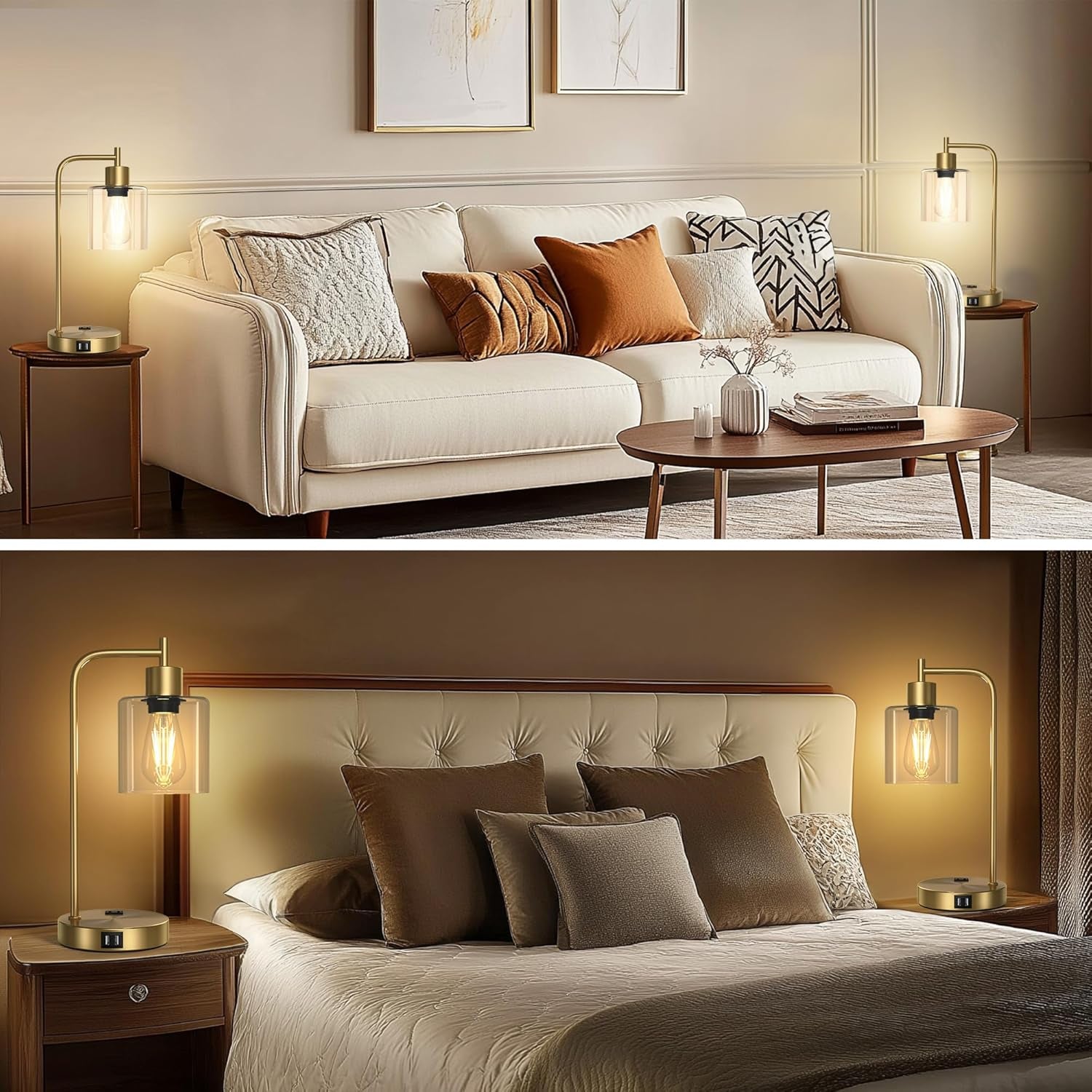 Set of 2 Industrial Touch Control Table Lamps with 2 USB Ports and 2 AC Outlets, 3-Way Dimmable Bedside Nightstand Reading Lamps with 2700K LED Bulbs, Glass Desk Lamp for Living Room,Bedroom