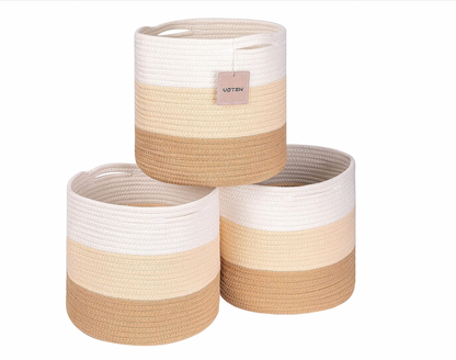 Woven Cotton Rope round 11X11X11'' Storage Cubes Baskets Bins Organizer, 3-Tone Gray, 3-Pack