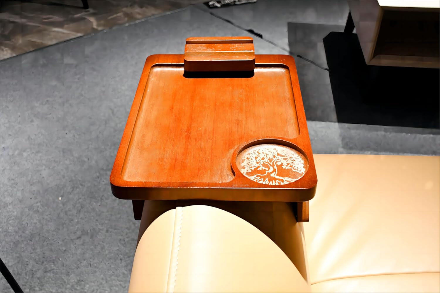 Couch Arm Tray Table Clip on Sofa, Armrest TV Tray Table with 360° Rotating Phone Holder, Sofa Chair Side Table, Gift for Mom Dad or Friends 11.8'' with Logo of Tree of Life