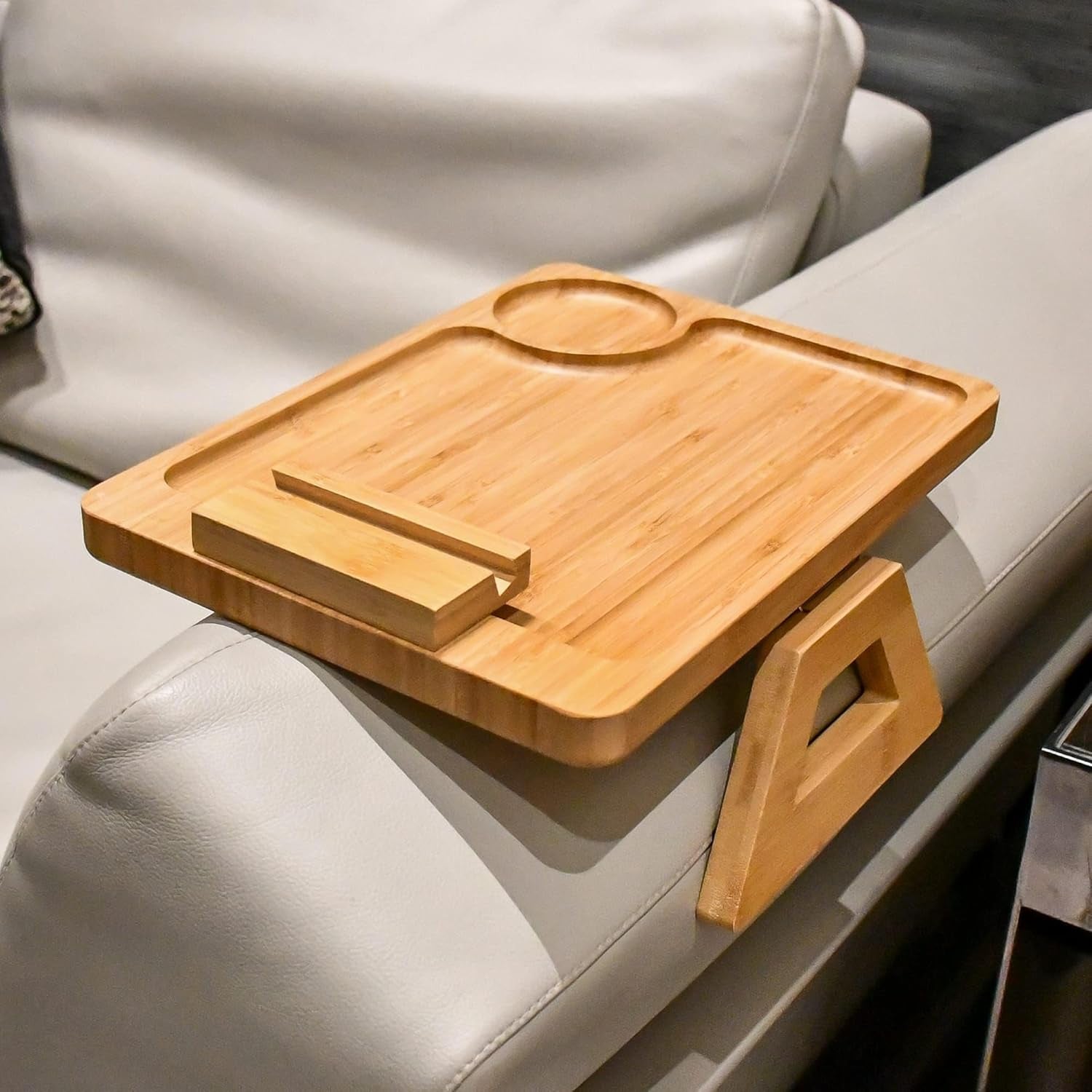 Couch Arm Tray Table Clip on Sofa, Armrest TV Tray Table with 360° Rotating Phone Holder, Sofa Chair Side Table, Gift for Mom Dad or Friends 11.8'' with Logo of Tree of Life