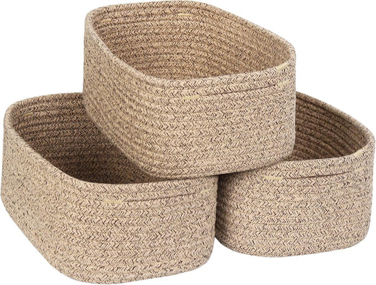 Small Baskets for Organizing, Woven Storage Baskets for Shelves, Cute Cotton Rope Gift Bins Empty, Decorative Baby Nursery Closet Organizer Box, Wicker Towel Storage, 11.8"X7.9"X4.7", Brown