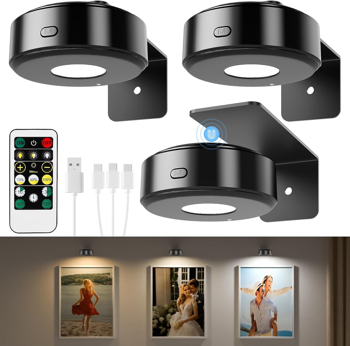 3PCS Picture Lights with Remote, Wireless Rechargeable Battery Wall Light for Paintings, 3 Colors Paintings Light Dimmable and Timer Metal Art Light for Display, Wall, Artwork, Gallery (Gold)
