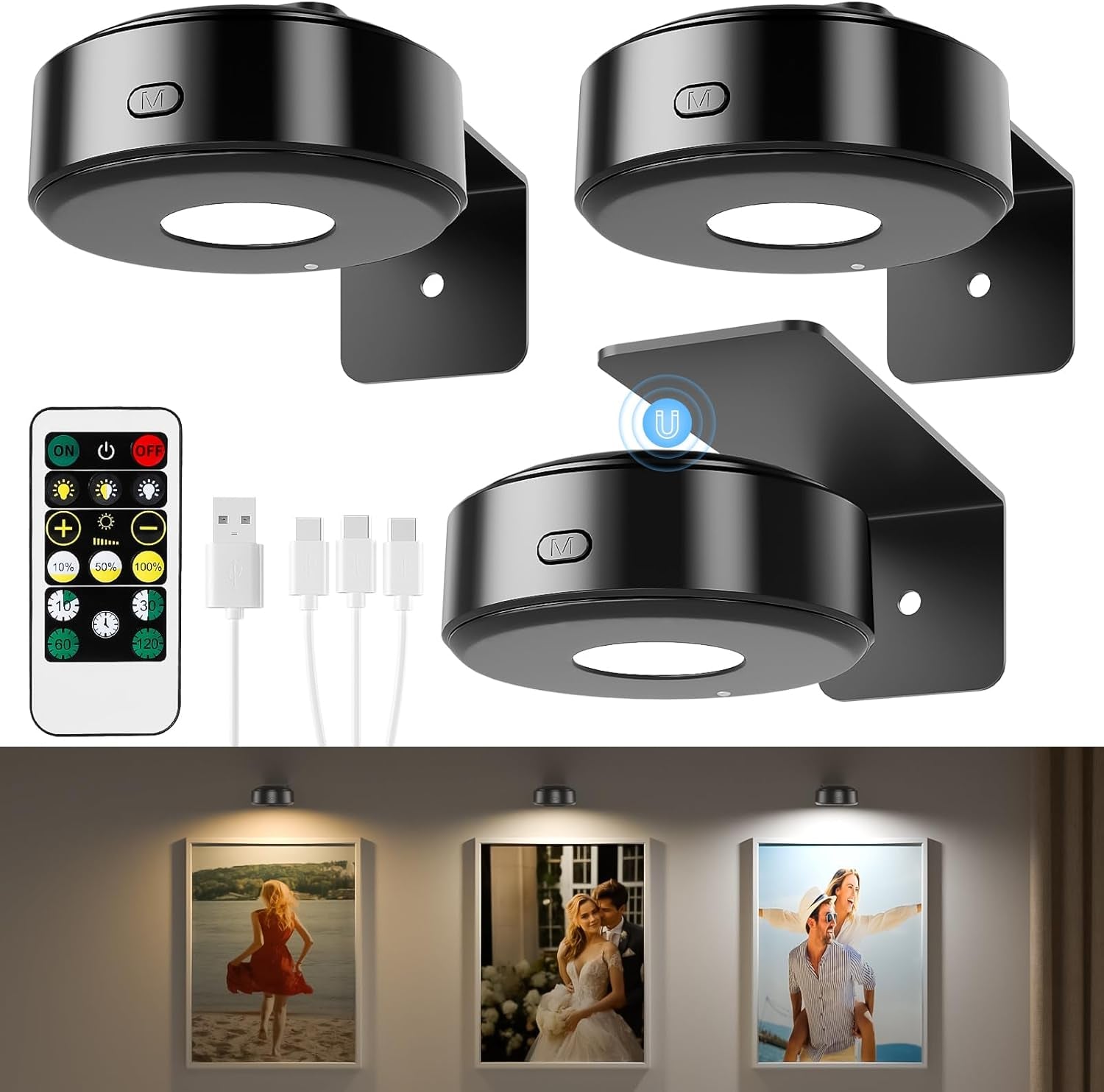 3PCS Picture Lights with Remote, Wireless Rechargeable Battery Wall Light for Paintings, 3 Colors Paintings Light Dimmable and Timer Metal Art Light for Display, Wall, Artwork, Gallery (Gold)