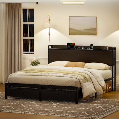 King Size Bed Frame with Storage Headboard Platform Bed Frame with 2 Drawers Metal Bed with Charging Station, Dark Brown