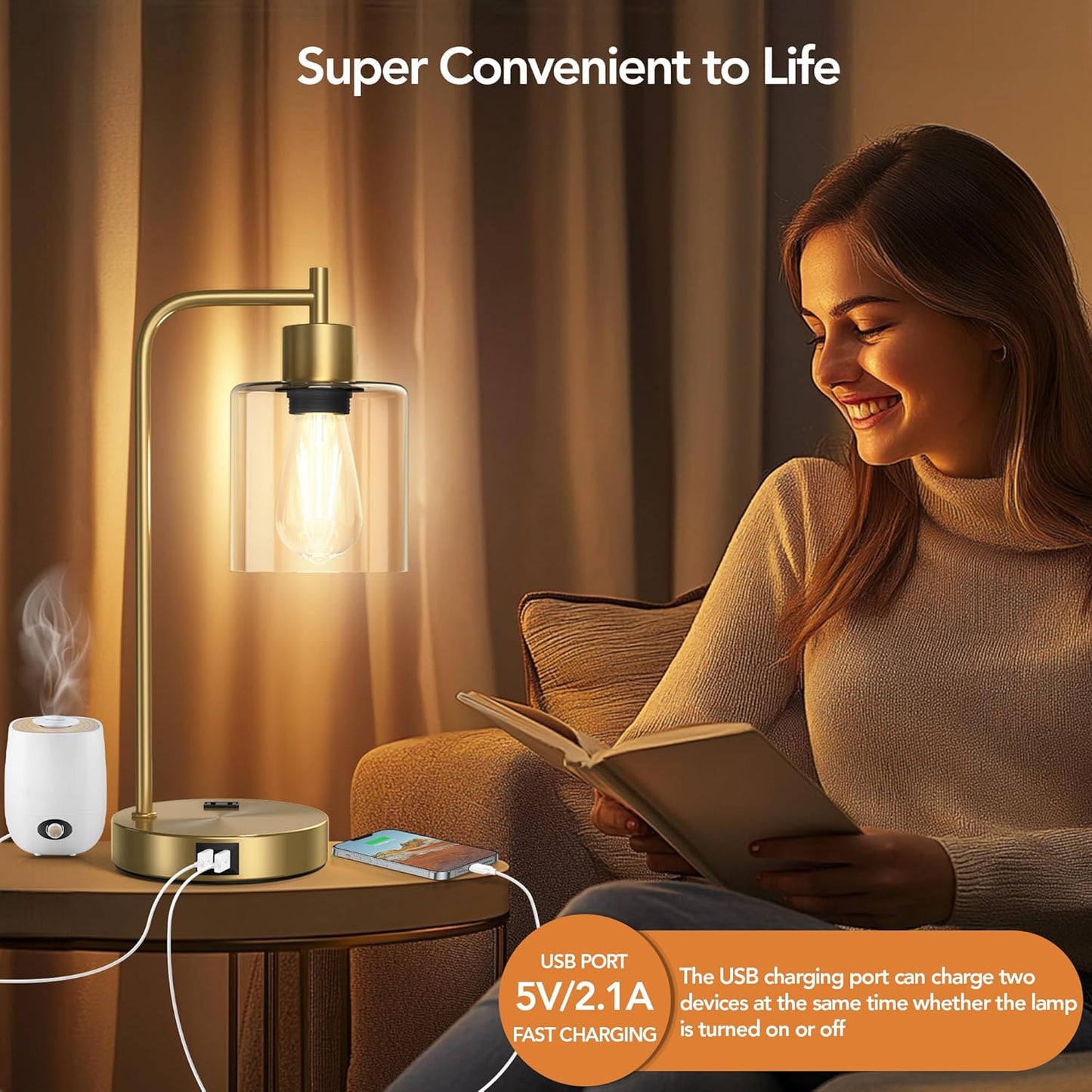 Set of 2 Industrial Touch Control Table Lamps with 2 USB Ports and 2 AC Outlets, 3-Way Dimmable Bedside Nightstand Reading Lamps with 2700K LED Bulbs, Glass Desk Lamp for Living Room,Bedroom
