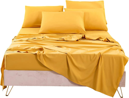 Queen Sheet Set- Cooling Sheets-Ultra Soft-Silky-Breathable-Deep Pocket- 1800 Series Bedding Set Microfiber- Yellow Bed Sheets Queen Size 4 Pieces