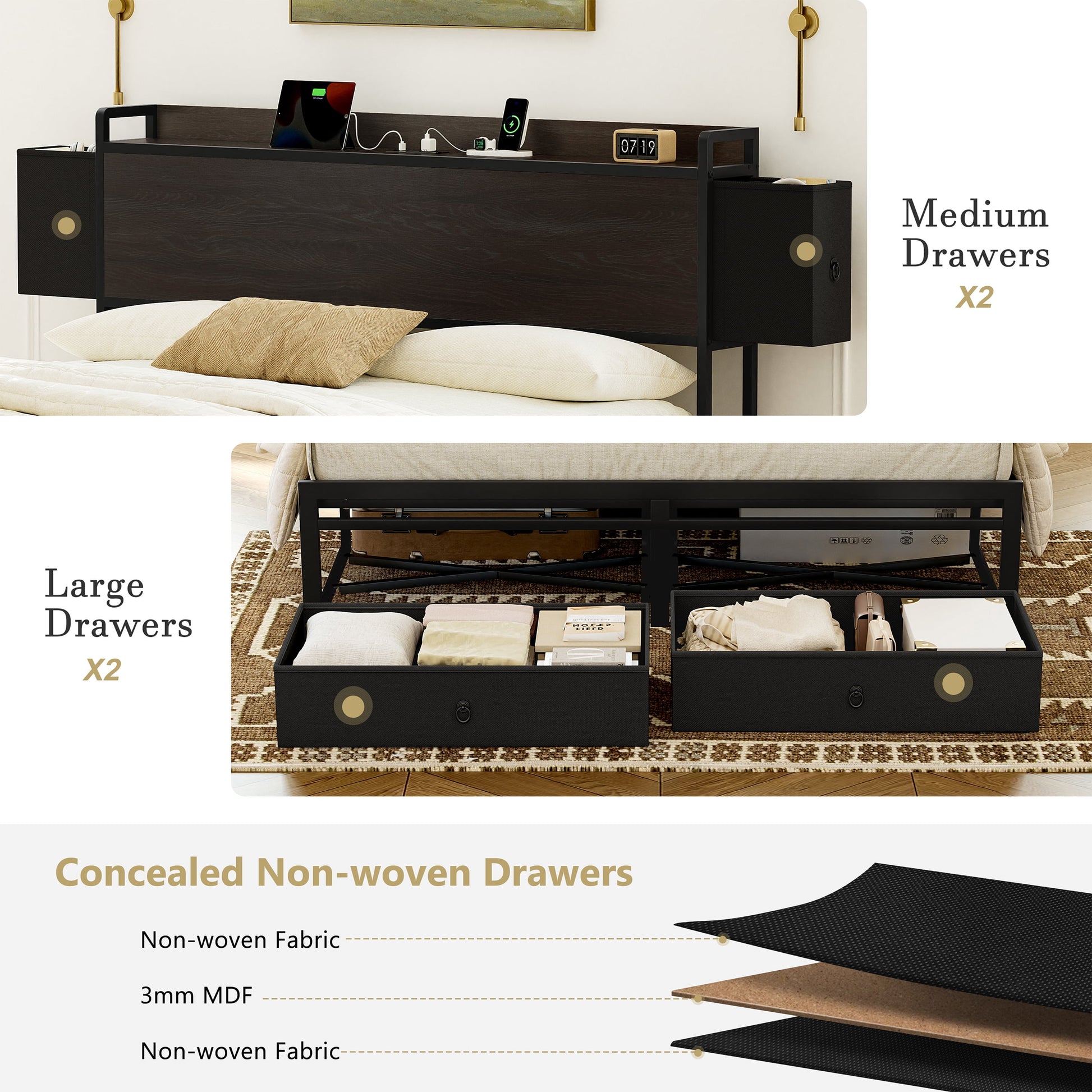 King Size Bed Frame with Storage Headboard Platform Bed Frame with 2 Drawers Metal Bed with Charging Station, Dark Brown