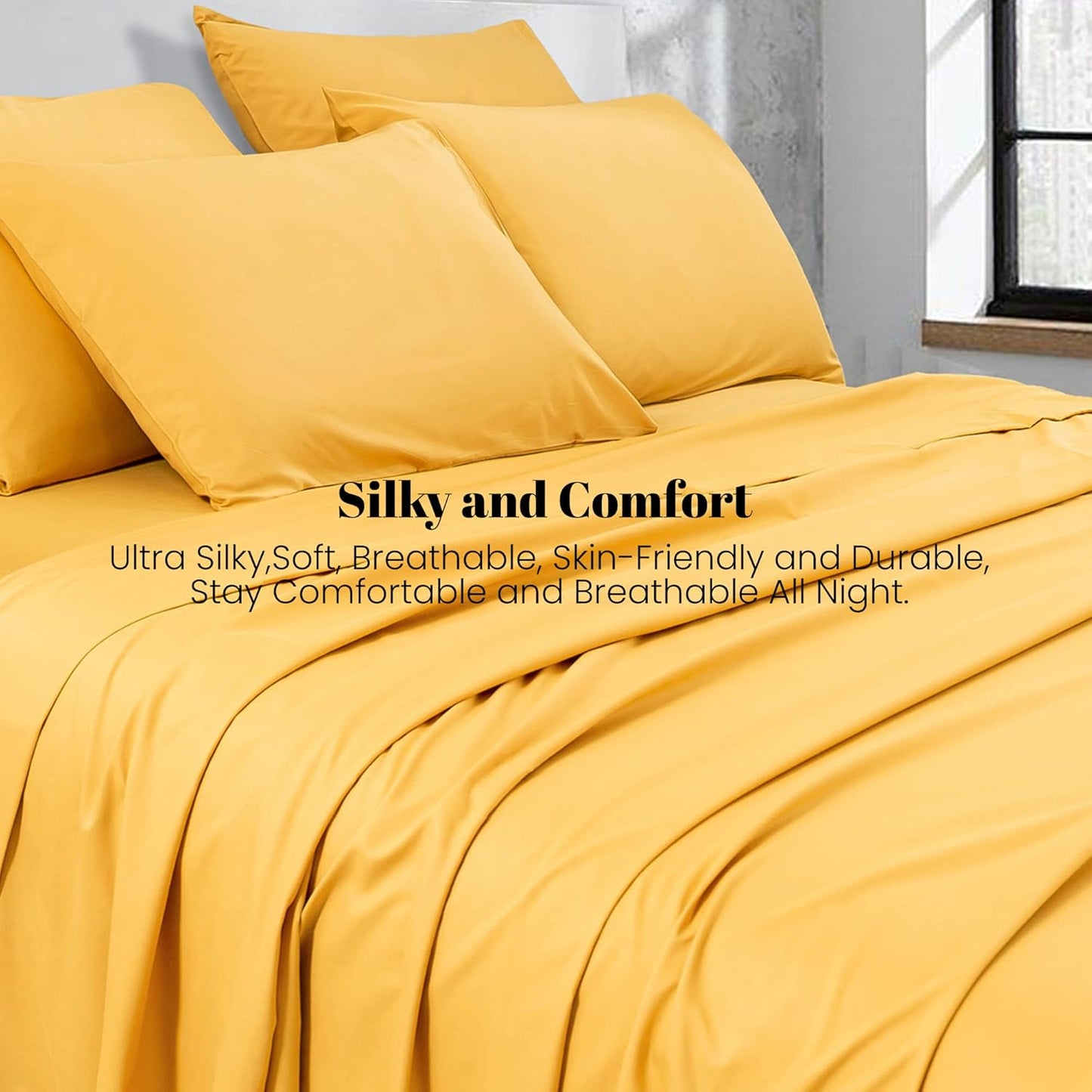 Queen Sheet Set- Cooling Sheets-Ultra Soft-Silky-Breathable-Deep Pocket- 1800 Series Bedding Set Microfiber- Yellow Bed Sheets Queen Size 4 Pieces