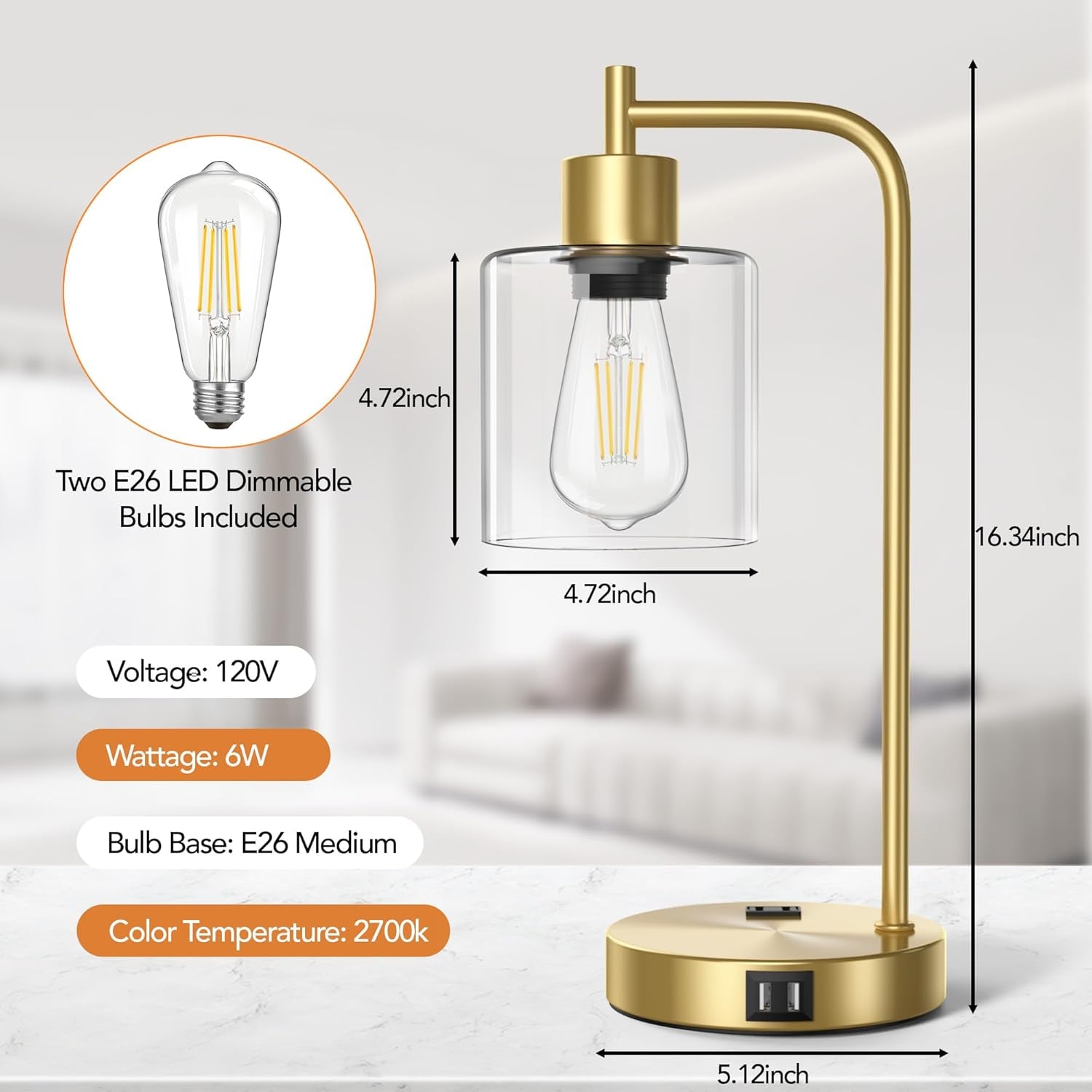 Set of 2 Industrial Touch Control Table Lamps with 2 USB Ports and 2 AC Outlets, 3-Way Dimmable Bedside Nightstand Reading Lamps with 2700K LED Bulbs, Glass Desk Lamp for Living Room,Bedroom