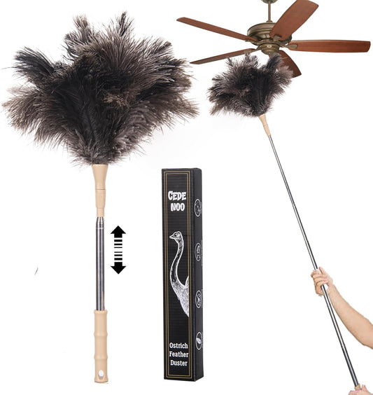 Extendable Ostrich Feather Duster, 50 Inches Natural Fluffy Long Handle Feathers Dusters, Soft, Durable, Reusable for Home Office Cleaning High Ceilings, Wall, Fans, Furniture, Blinds,Roof Dusting