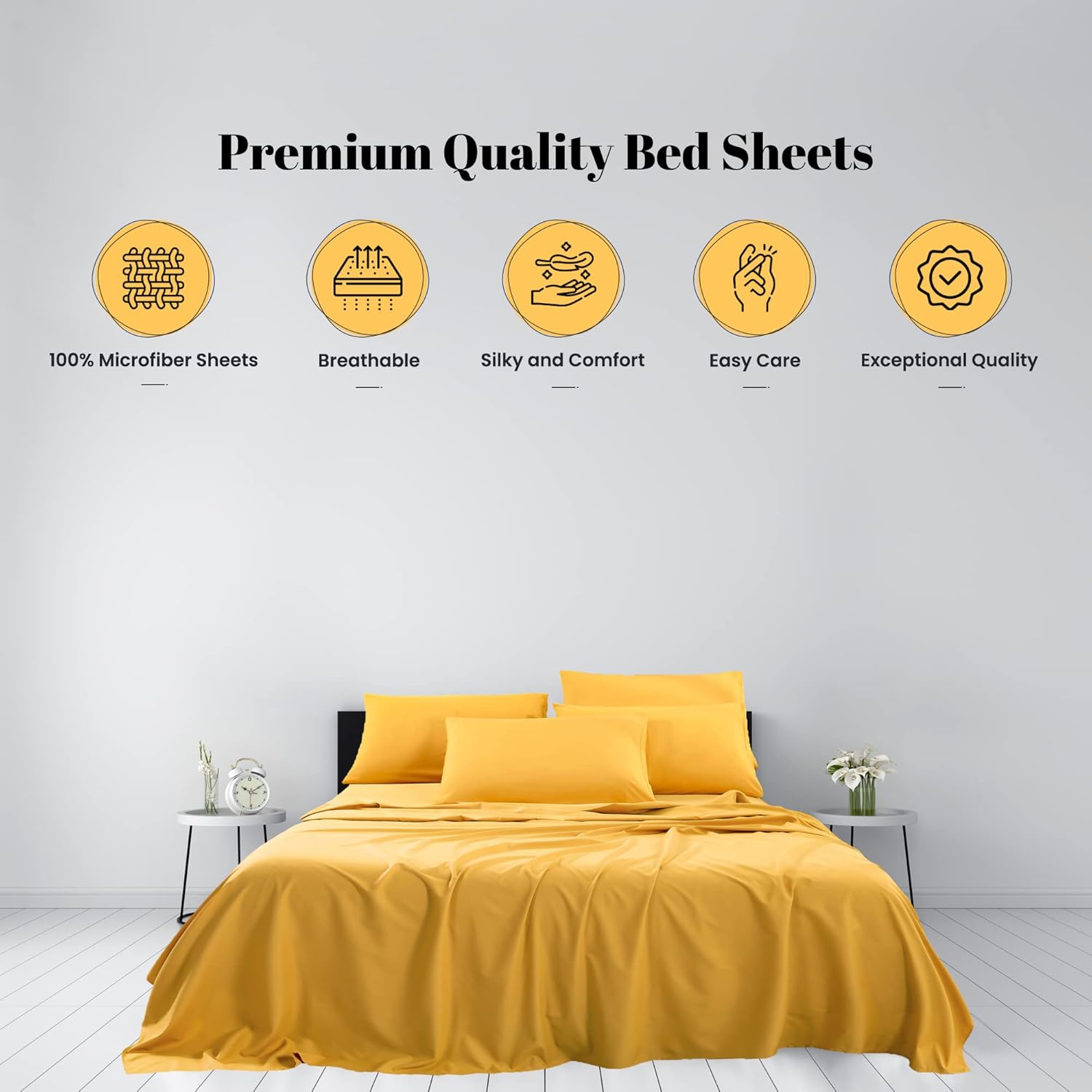 Queen Sheet Set- Cooling Sheets-Ultra Soft-Silky-Breathable-Deep Pocket- 1800 Series Bedding Set Microfiber- Yellow Bed Sheets Queen Size 4 Pieces