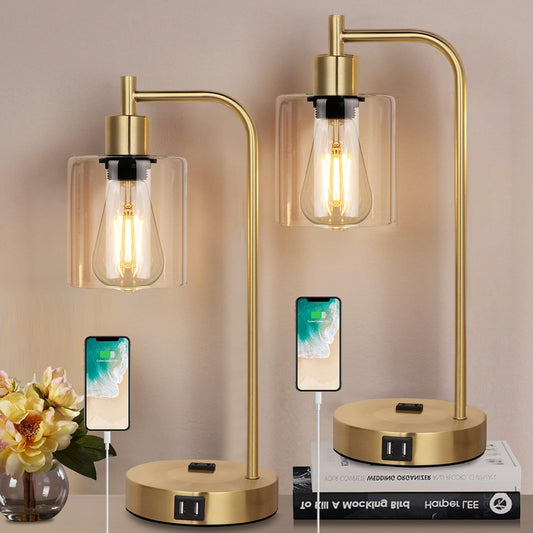 Set of 2 Industrial Touch Control Table Lamps with 2 USB Ports and 2 AC Outlets, 3-Way Dimmable Bedside Nightstand Reading Lamps with 2700K LED Bulbs, Glass Desk Lamp for Living Room,Bedroom