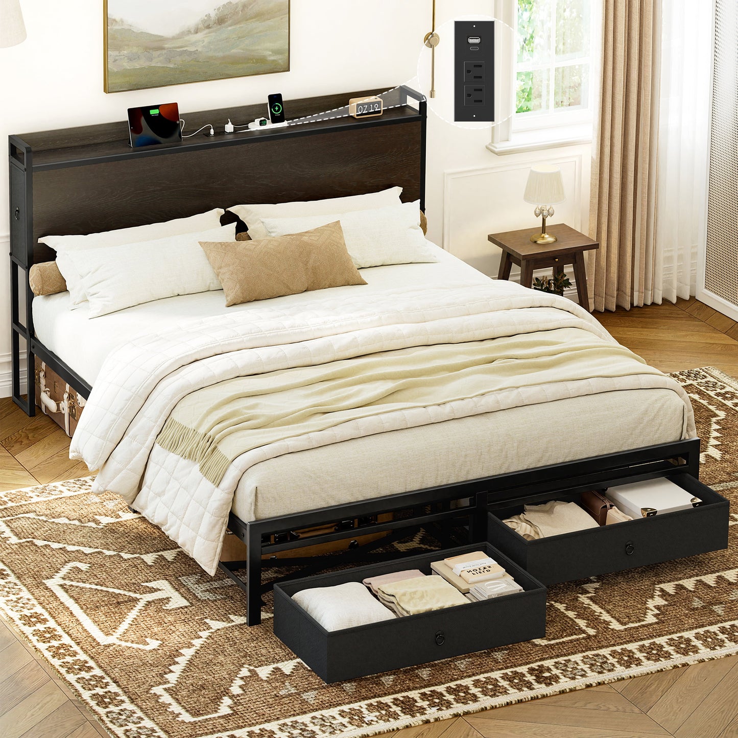 King Size Bed Frame with Storage Headboard Platform Bed Frame with 2 Drawers Metal Bed with Charging Station, Dark Brown