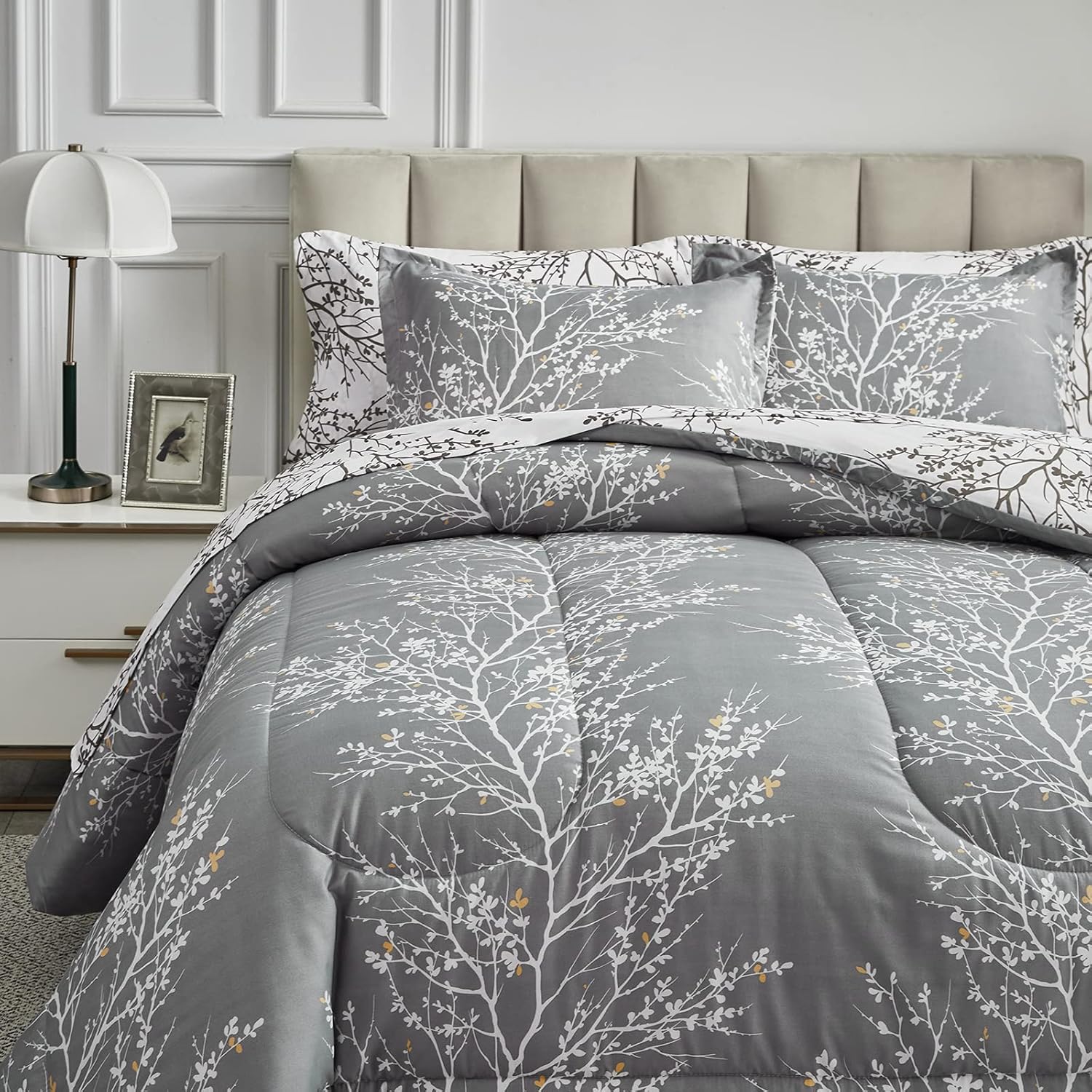 Bed in a Bag 7 Pieces Queen Size Gray Branches with Yellow Dots - Soft Microfiber Reversible Bed Comforter Set (1 Comforter 2 Pillow Shams 1 Flat Sheet 1 Fitted Sheet 2 Pillowcases)