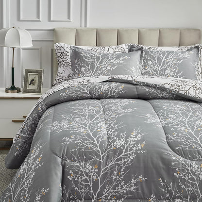 Bed in a Bag 7 Pieces Queen Size Gray Branches with Yellow Dots - Soft Microfiber Reversible Bed Comforter Set (1 Comforter 2 Pillow Shams 1 Flat Sheet 1 Fitted Sheet 2 Pillowcases)