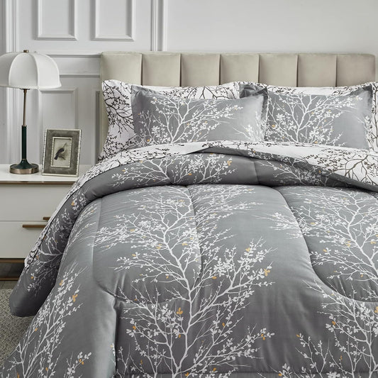 Bed in a Bag 7 Pieces Queen Size Gray Branches with Yellow Dots - Soft Microfiber Reversible Bed Comforter Set (1 Comforter 2 Pillow Shams 1 Flat Sheet 1 Fitted Sheet 2 Pillowcases)