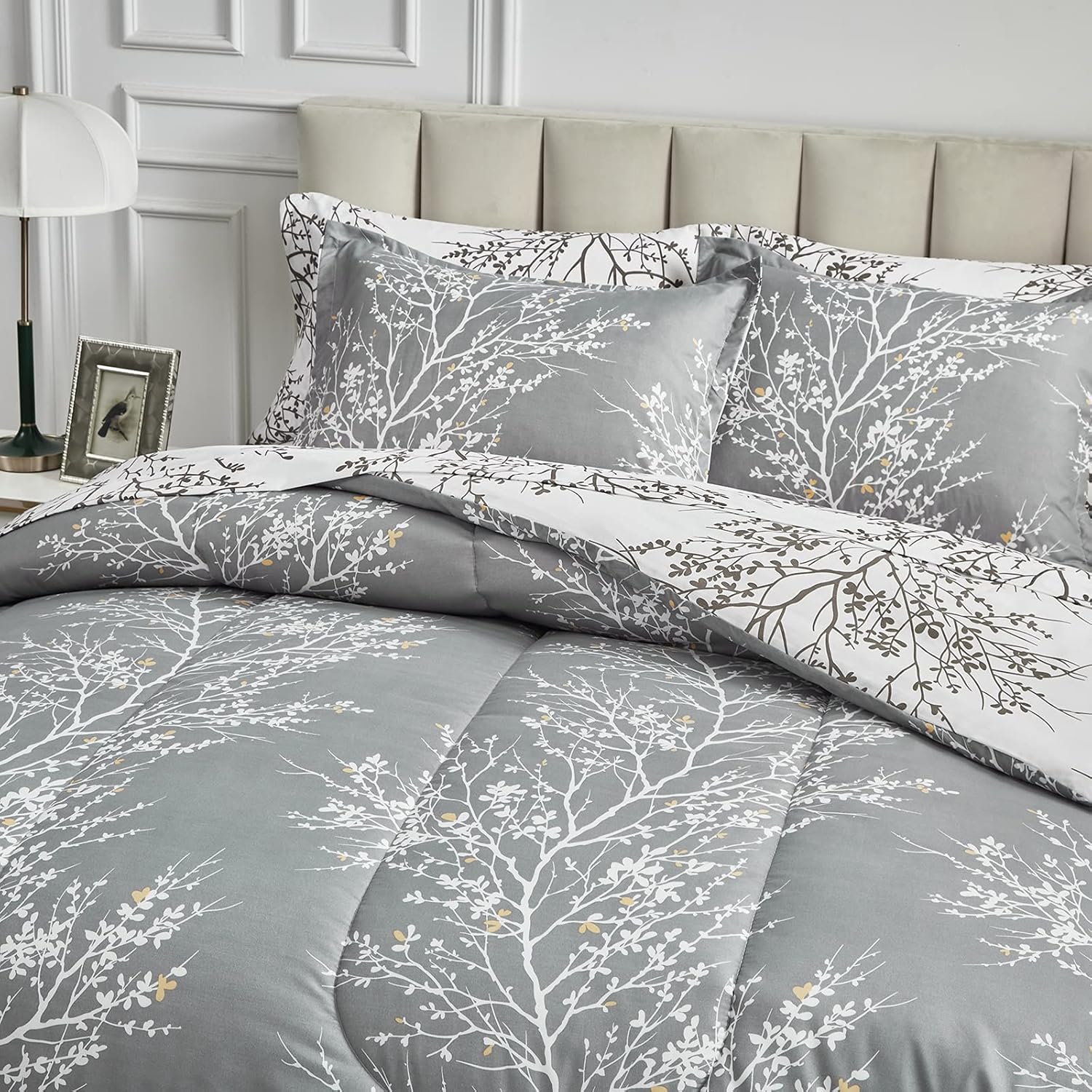 Bed in a Bag 7 Pieces Queen Size Gray Branches with Yellow Dots - Soft Microfiber Reversible Bed Comforter Set (1 Comforter 2 Pillow Shams 1 Flat Sheet 1 Fitted Sheet 2 Pillowcases)