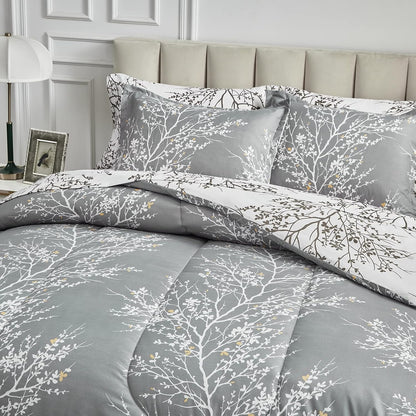 Bed in a Bag 7 Pieces Queen Size Gray Branches with Yellow Dots - Soft Microfiber Reversible Bed Comforter Set (1 Comforter 2 Pillow Shams 1 Flat Sheet 1 Fitted Sheet 2 Pillowcases)
