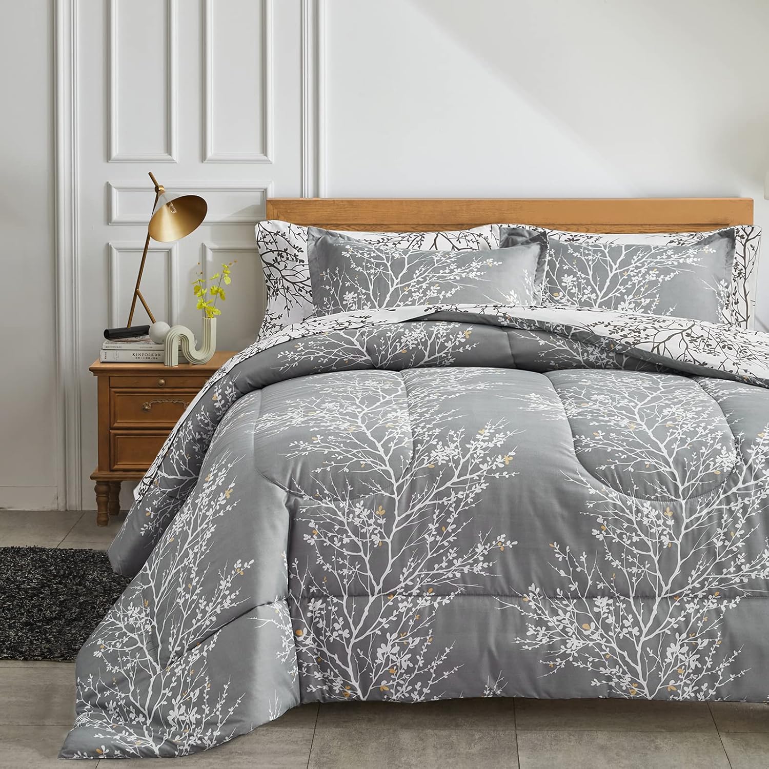 Bed in a Bag 7 Pieces Queen Size Gray Branches with Yellow Dots - Soft Microfiber Reversible Bed Comforter Set (1 Comforter 2 Pillow Shams 1 Flat Sheet 1 Fitted Sheet 2 Pillowcases)