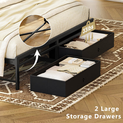 King Size Bed Frame with Storage Headboard Platform Bed Frame with 2 Drawers Metal Bed with Charging Station, Dark Brown