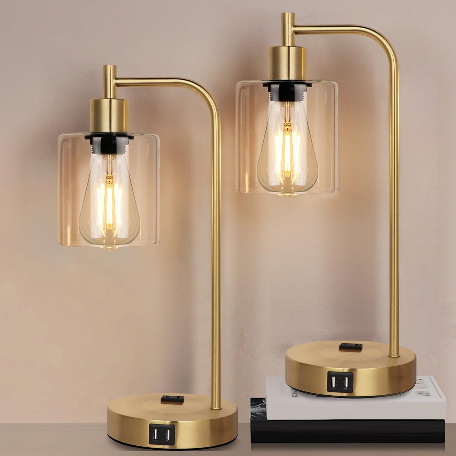 Set of 2 Industrial Touch Control Table Lamps with 2 USB Ports and 2 AC Outlets, 3-Way Dimmable Bedside Nightstand Reading Lamps with 2700K LED Bulbs, Glass Desk Lamp for Living Room,Bedroom