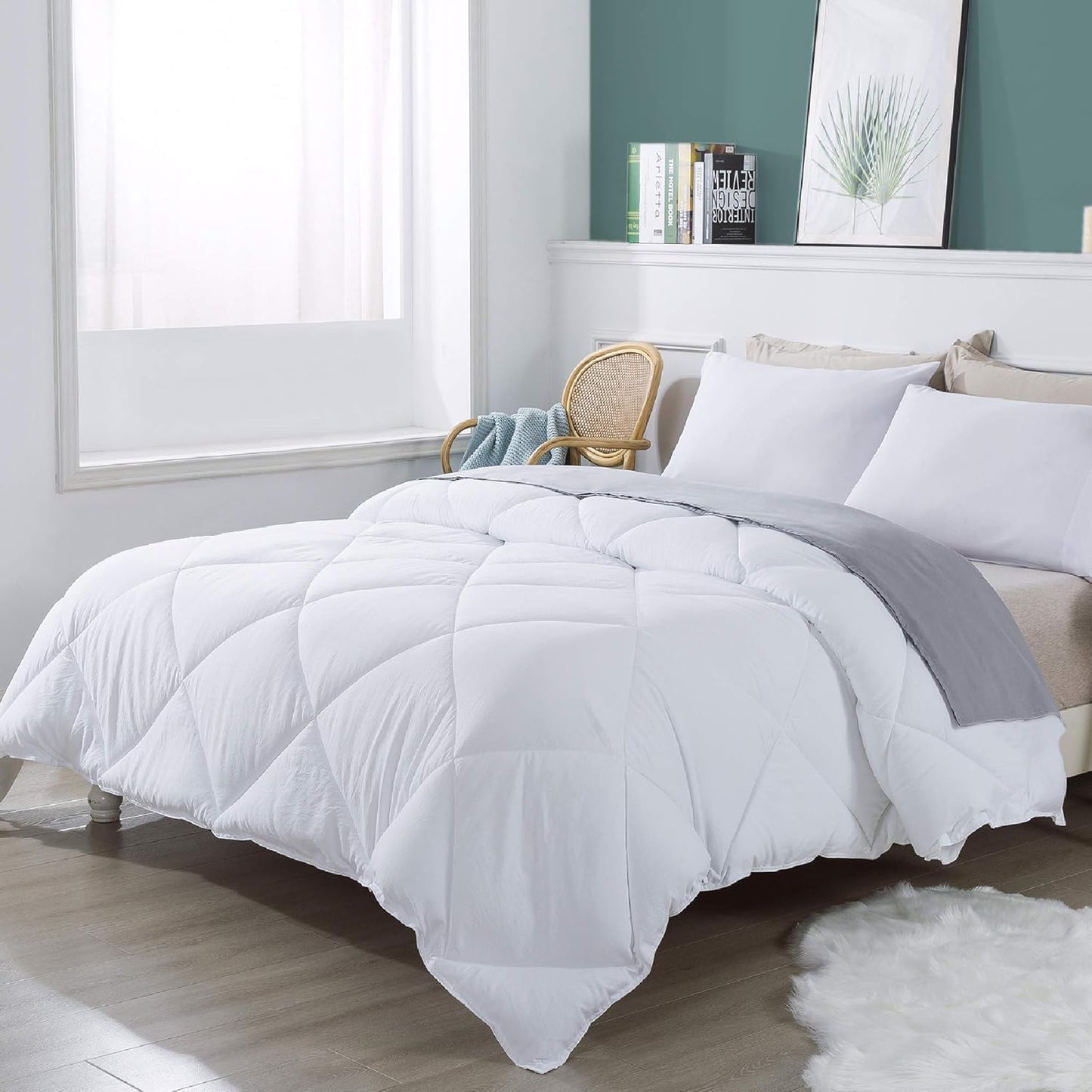 102X90 Easy-Clean Reversible Comforter Set - 2 Solid Color Plush down Alternative Fluffy, Ultra Soft, Machine Washable Bedding Duvet Insert, Extra Warm King, White