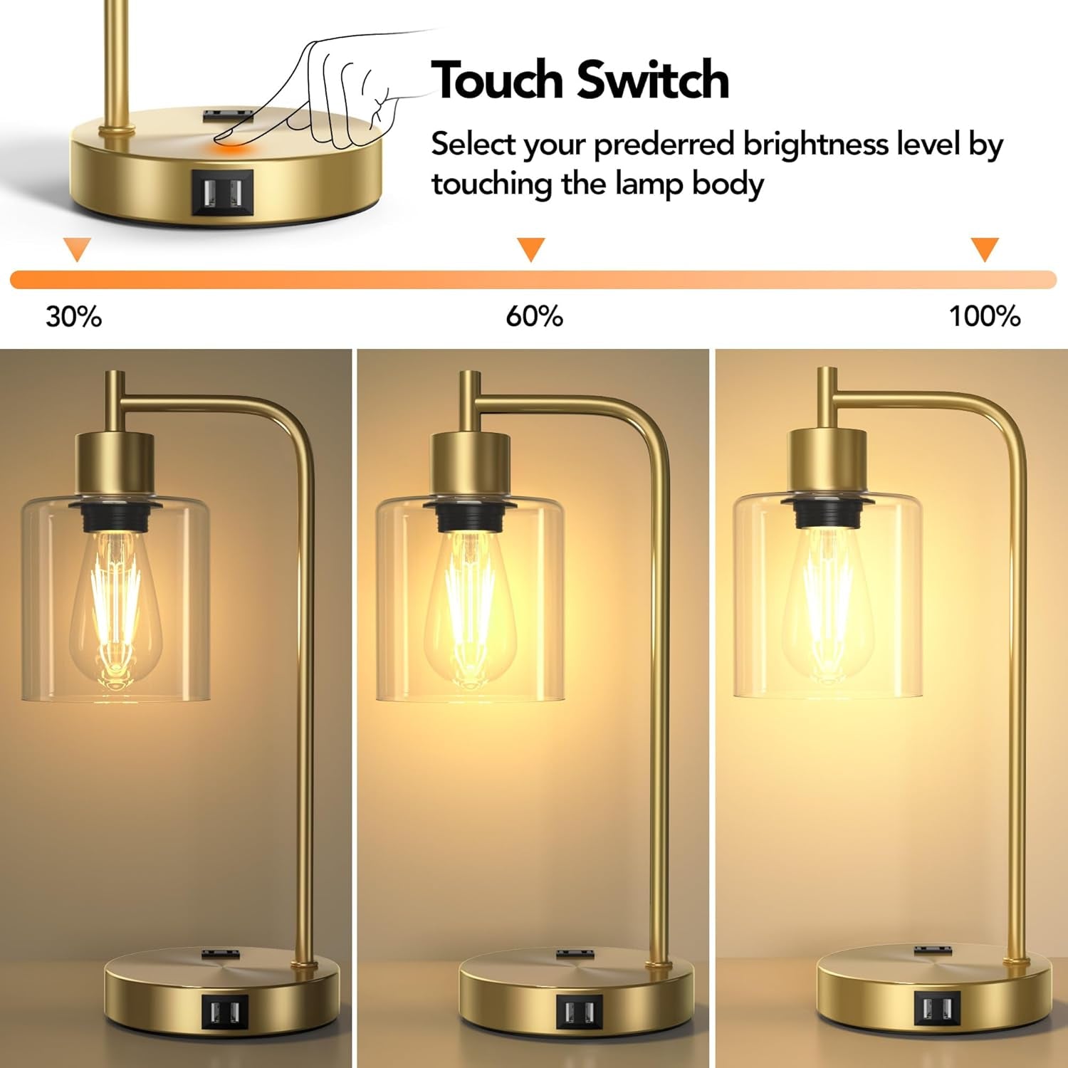 Set of 2 Industrial Touch Control Table Lamps with 2 USB Ports and 2 AC Outlets, 3-Way Dimmable Bedside Nightstand Reading Lamps with 2700K LED Bulbs, Glass Desk Lamp for Living Room,Bedroom