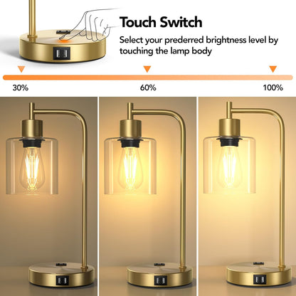 Set of 2 Industrial Touch Control Table Lamps with 2 USB Ports and 2 AC Outlets, 3-Way Dimmable Bedside Nightstand Reading Lamps with 2700K LED Bulbs, Glass Desk Lamp for Living Room,Bedroom