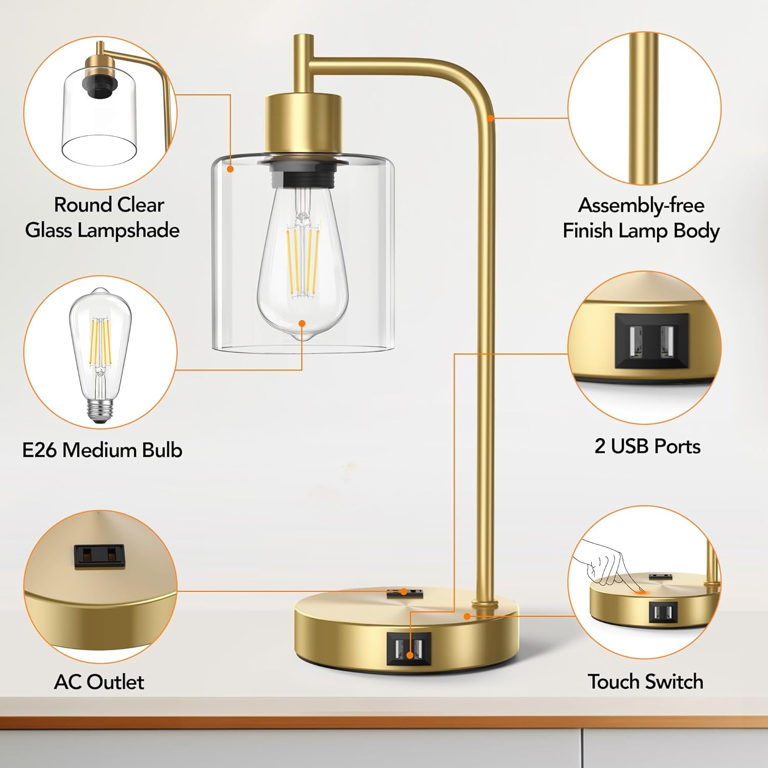 Set of 2 Industrial Touch Control Table Lamps with 2 USB Ports and 2 AC Outlets, 3-Way Dimmable Bedside Nightstand Reading Lamps with 2700K LED Bulbs, Glass Desk Lamp for Living Room,Bedroom