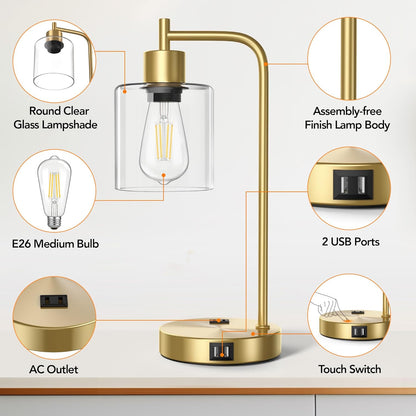 Set of 2 Industrial Touch Control Table Lamps with 2 USB Ports and 2 AC Outlets, 3-Way Dimmable Bedside Nightstand Reading Lamps with 2700K LED Bulbs, Glass Desk Lamp for Living Room,Bedroom