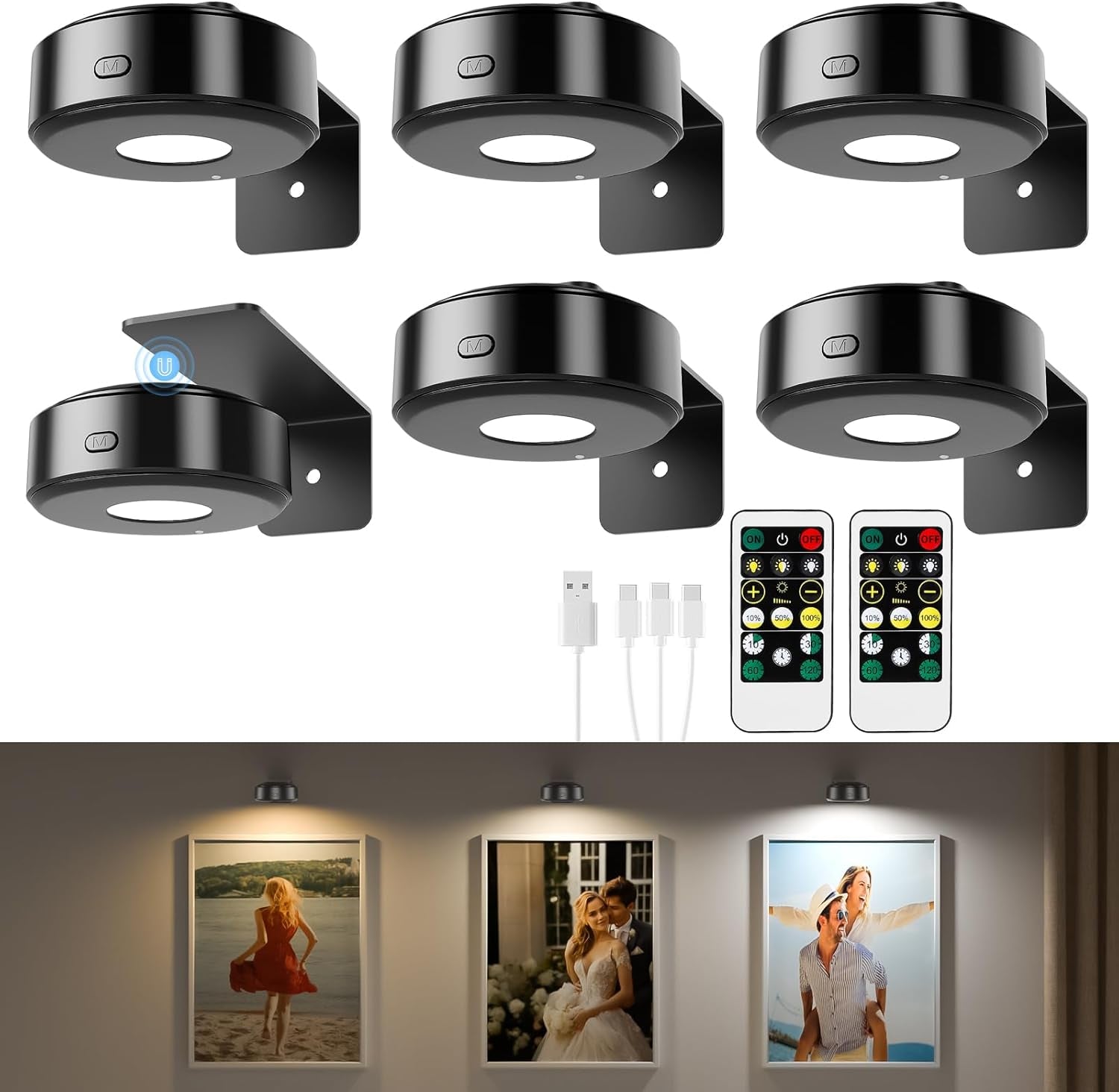 3PCS Picture Lights with Remote, Wireless Rechargeable Battery Wall Light for Paintings, 3 Colors Paintings Light Dimmable and Timer Metal Art Light for Display, Wall, Artwork, Gallery (Gold)