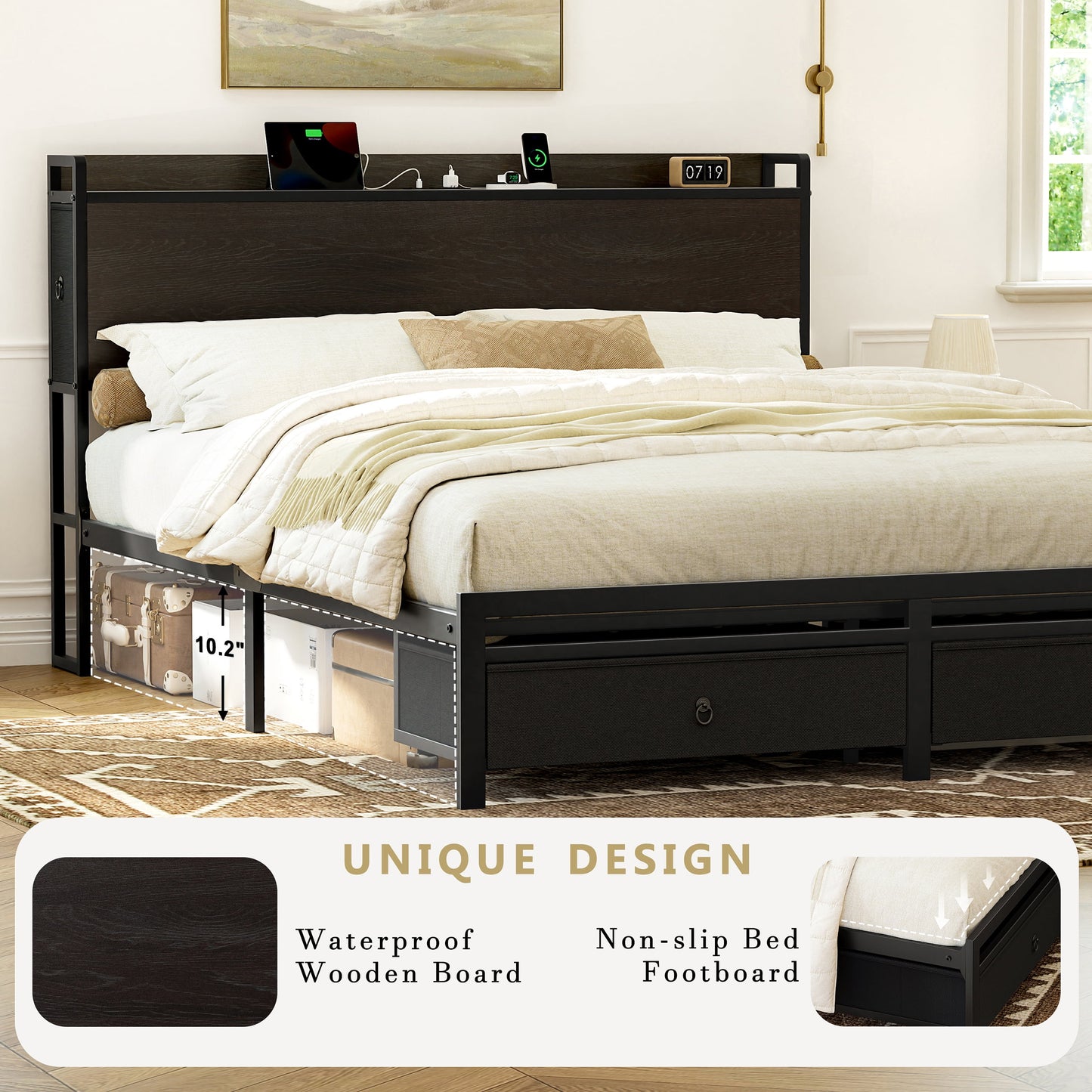 King Size Bed Frame with Storage Headboard Platform Bed Frame with 2 Drawers Metal Bed with Charging Station, Dark Brown