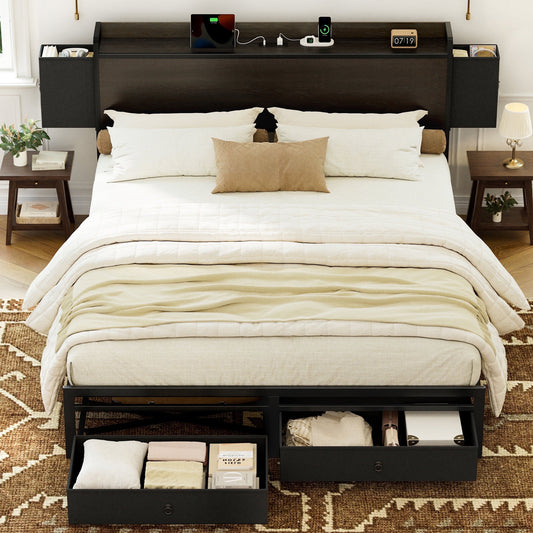 King Size Bed Frame with Storage Headboard Platform Bed Frame with 2 Drawers Metal Bed with Charging Station, Dark Brown