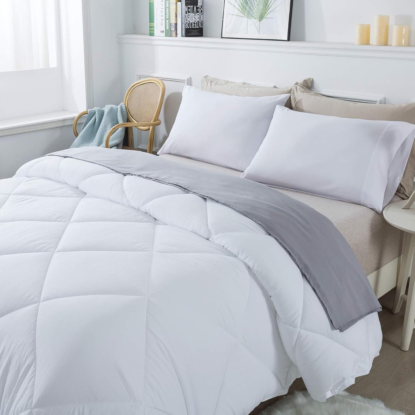 102X90 Easy-Clean Reversible Comforter Set - 2 Solid Color Plush down Alternative Fluffy, Ultra Soft, Machine Washable Bedding Duvet Insert, Extra Warm King, White