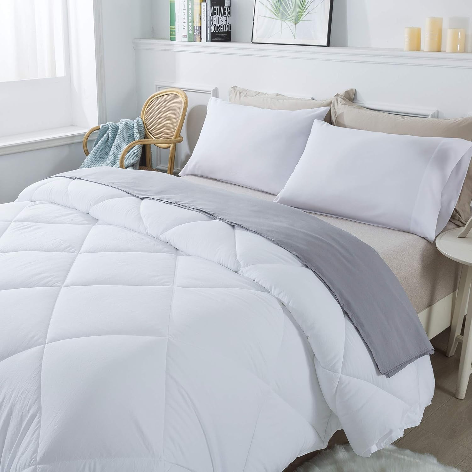 102X90 Easy-Clean Reversible Comforter Set - 2 Solid Color Plush down Alternative Fluffy, Ultra Soft, Machine Washable Bedding Duvet Insert, Extra Warm King, White