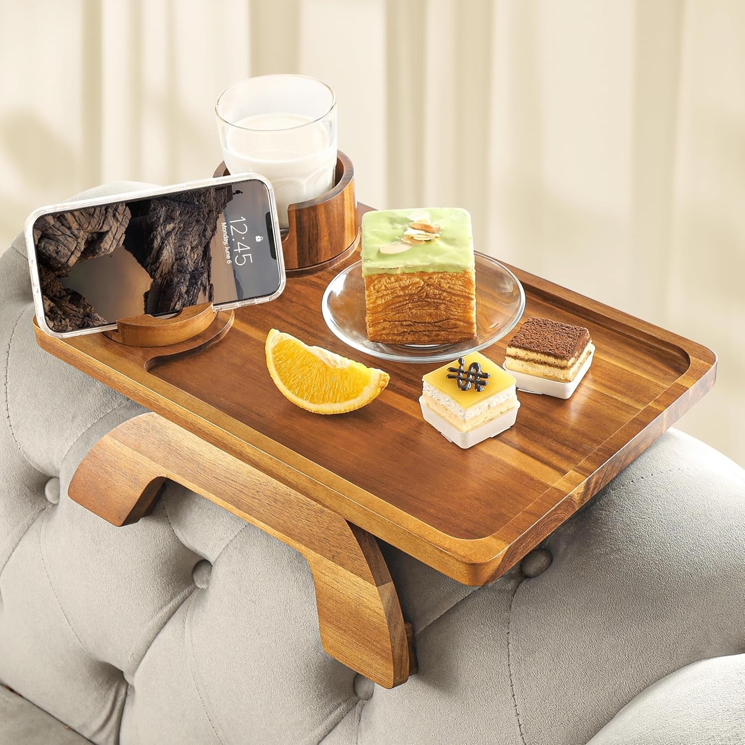Sofa Armrest Tray, 3 in 1 Arm Table Sofa Arm Tray Clip on Tray Table with 360° Rotating Phone and Cup Holder for TV Dinners, Remote, Drinks and Snacks, Flexible with Different Armrest Shapes & Width