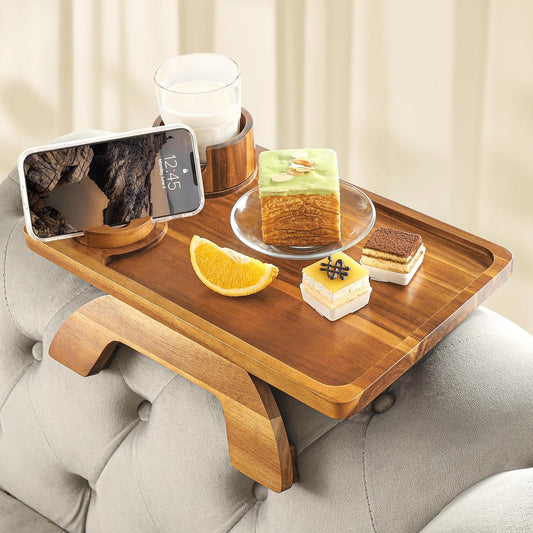 Sofa Armrest Tray, 3 in 1 Arm Table Sofa Arm Tray Clip on Tray Table with 360° Rotating Phone and Cup Holder for TV Dinners, Remote, Drinks and Snacks, Flexible with Different Armrest Shapes & Width