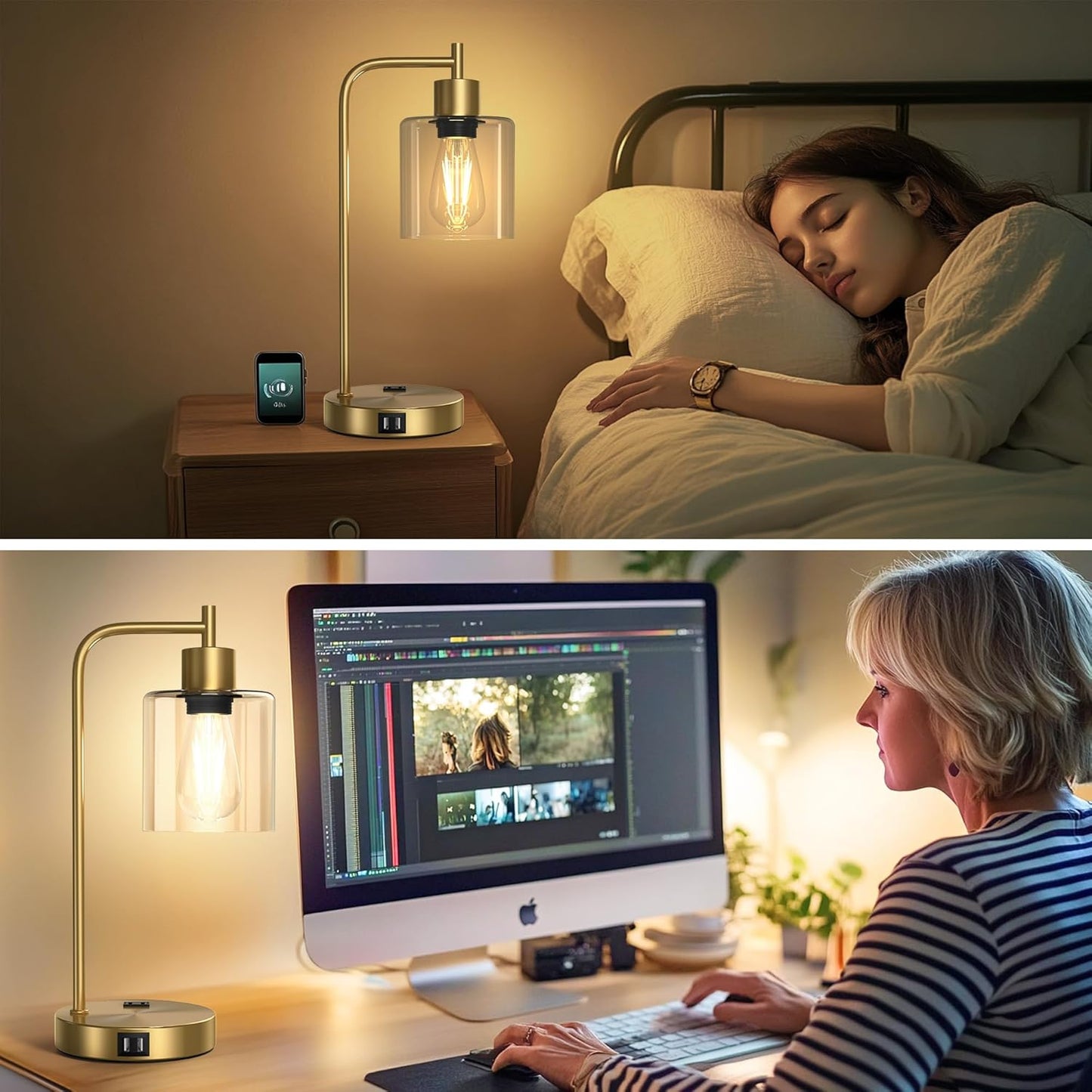 Set of 2 Industrial Touch Control Table Lamps with 2 USB Ports and 2 AC Outlets, 3-Way Dimmable Bedside Nightstand Reading Lamps with 2700K LED Bulbs, Glass Desk Lamp for Living Room,Bedroom
