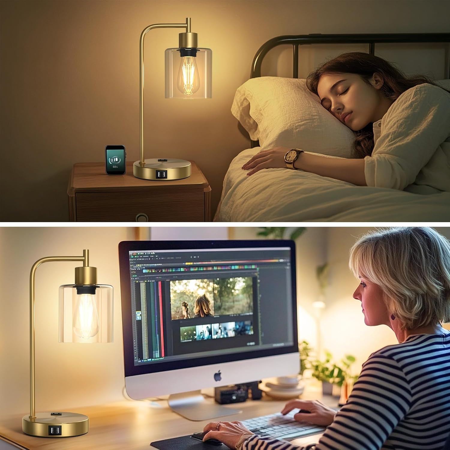 Set of 2 Industrial Touch Control Table Lamps with 2 USB Ports and 2 AC Outlets, 3-Way Dimmable Bedside Nightstand Reading Lamps with 2700K LED Bulbs, Glass Desk Lamp for Living Room,Bedroom