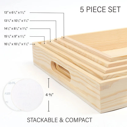 5 Pcs Wooden Nested Serving Trays with Handles, 13 - 16 In, Unfinished Natural Wood Trays