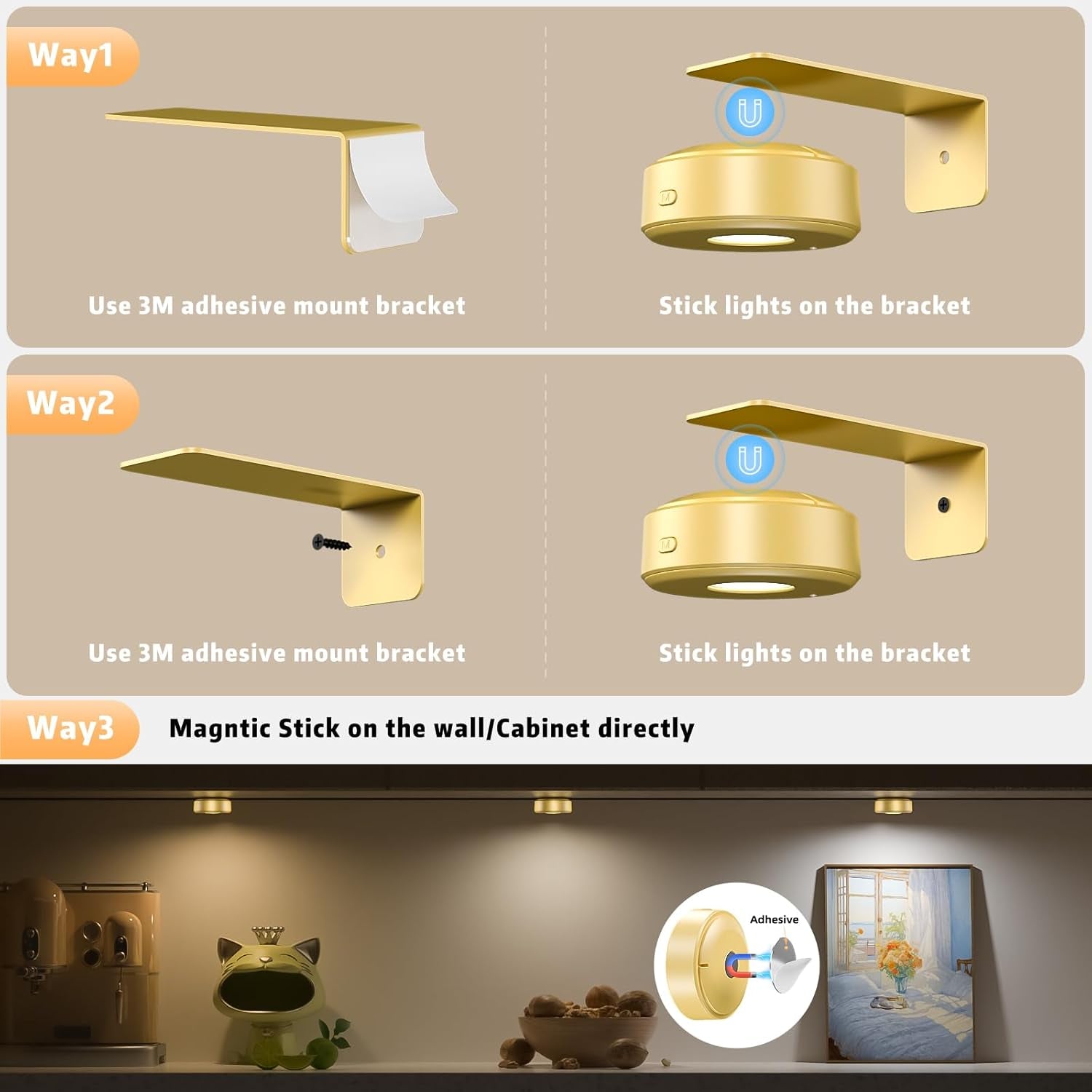 3PCS Picture Lights with Remote, Wireless Rechargeable Battery Wall Light for Paintings, 3 Colors Paintings Light Dimmable and Timer Metal Art Light for Display, Wall, Artwork, Gallery (Gold)