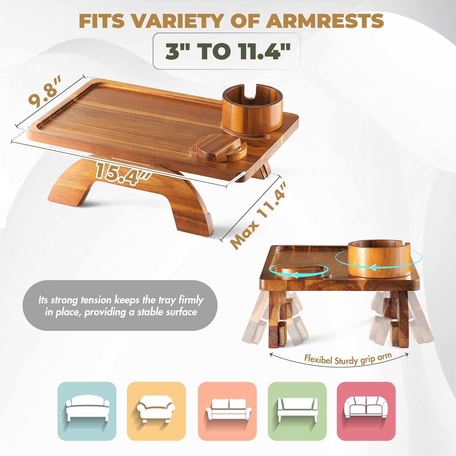 Sofa Armrest Tray, 3 in 1 Arm Table Sofa Arm Tray Clip on Tray Table with 360° Rotating Phone and Cup Holder for TV Dinners, Remote, Drinks and Snacks, Flexible with Different Armrest Shapes & Width