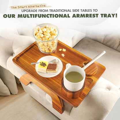 Sofa Armrest Tray, 3 in 1 Arm Table Sofa Arm Tray Clip on Tray Table with 360° Rotating Phone and Cup Holder for TV Dinners, Remote, Drinks and Snacks, Flexible with Different Armrest Shapes & Width