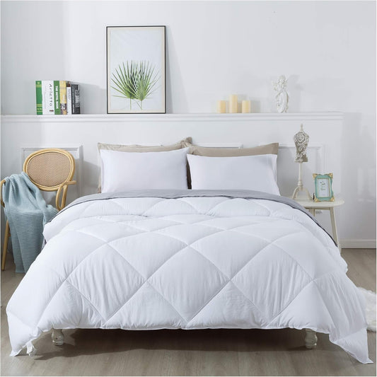 102X90 Easy-Clean Reversible Comforter Set - 2 Solid Color Plush down Alternative Fluffy, Ultra Soft, Machine Washable Bedding Duvet Insert, Extra Warm King, White