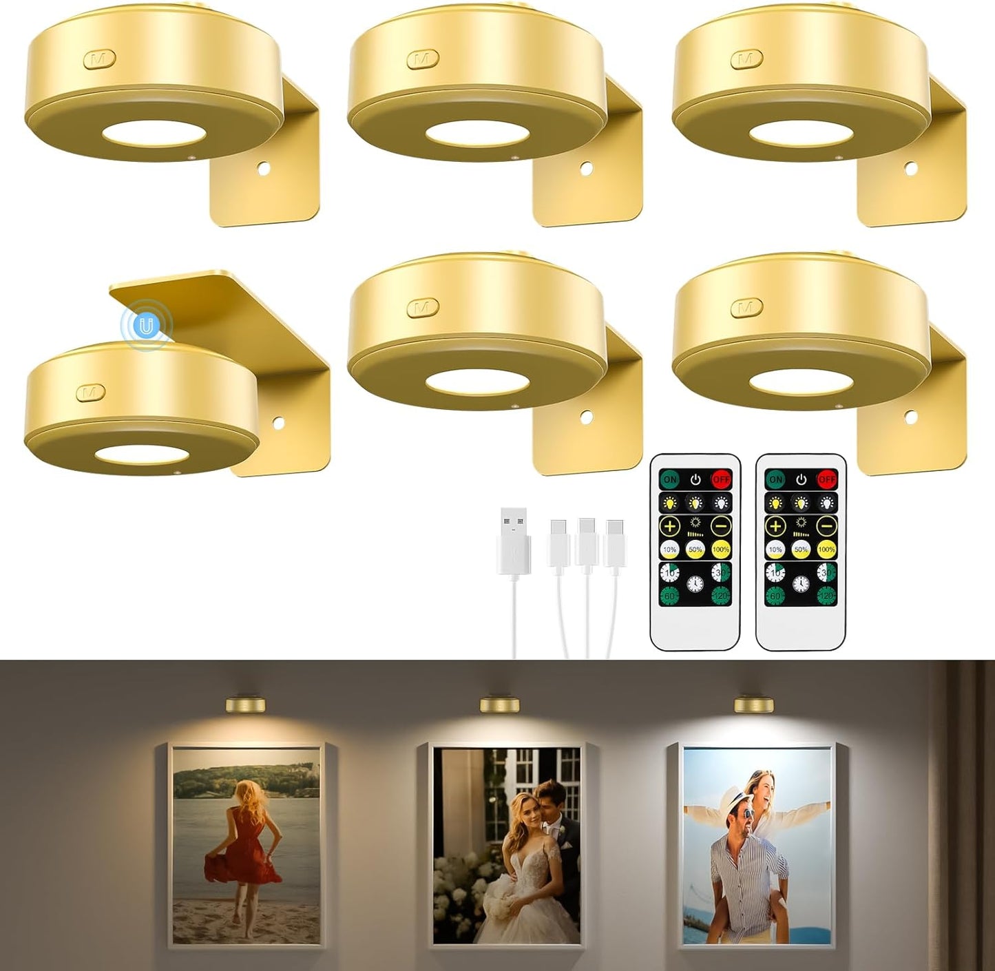 3PCS Picture Lights with Remote, Wireless Rechargeable Battery Wall Light for Paintings, 3 Colors Paintings Light Dimmable and Timer Metal Art Light for Display, Wall, Artwork, Gallery (Gold)