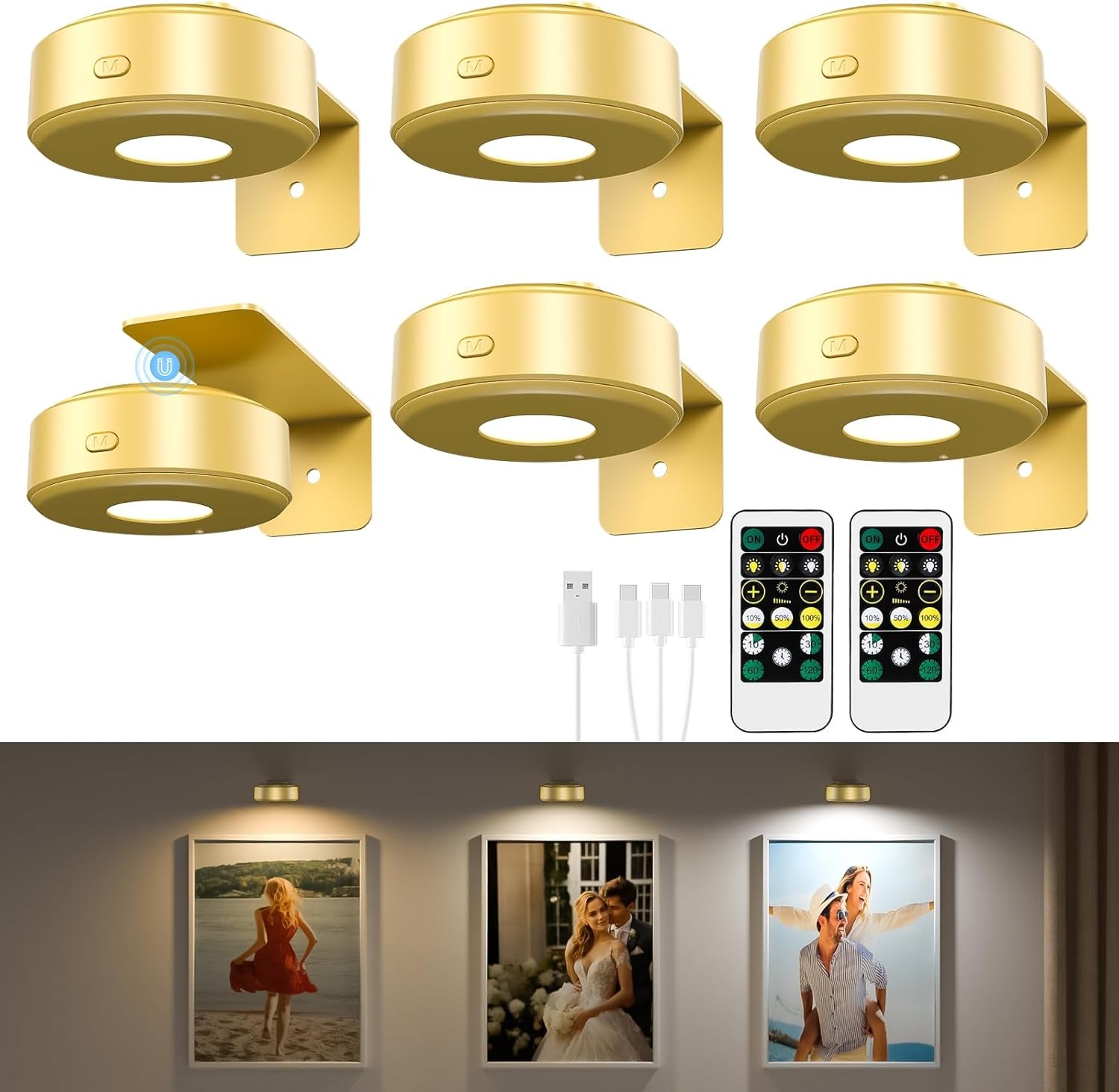 3PCS Picture Lights with Remote, Wireless Rechargeable Battery Wall Light for Paintings, 3 Colors Paintings Light Dimmable and Timer Metal Art Light for Display, Wall, Artwork, Gallery (Gold)