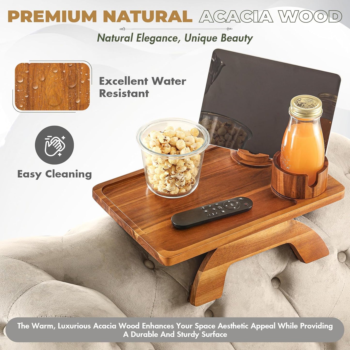 Sofa Armrest Tray, 3 in 1 Arm Table Sofa Arm Tray Clip on Tray Table with 360° Rotating Phone and Cup Holder for TV Dinners, Remote, Drinks and Snacks, Flexible with Different Armrest Shapes & Width